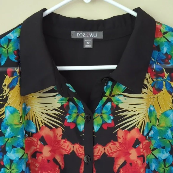 Roz & Ali Floral Sheer Button Down Tropical Blouse Woman 2X Black Blue - Picture 6 of 16